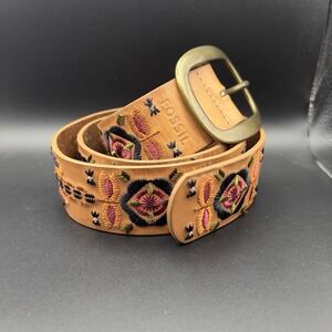 Fossil Women's Leather Belt Multicolor Embroidered Floral BOHO ~ sz S 38.5" long
